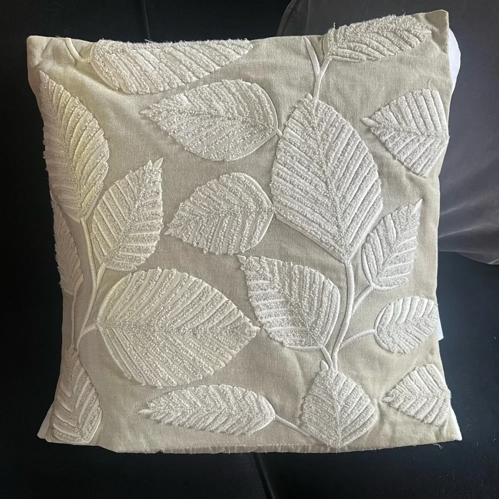 Pier 1 Accent Pillow Cover Square Cream Embroidered Leaf Front Silky Back